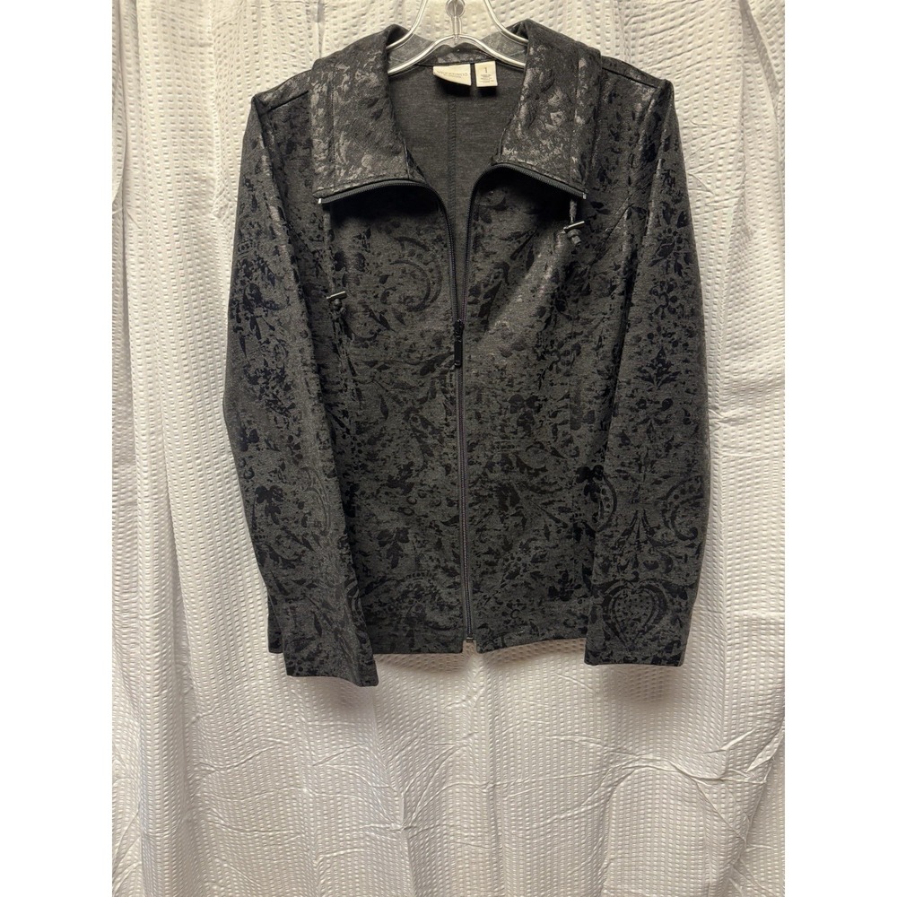 Weekends by Chicos Jacket Womens 1 Metallic Paisley Zip Up Modern Chic Blazer